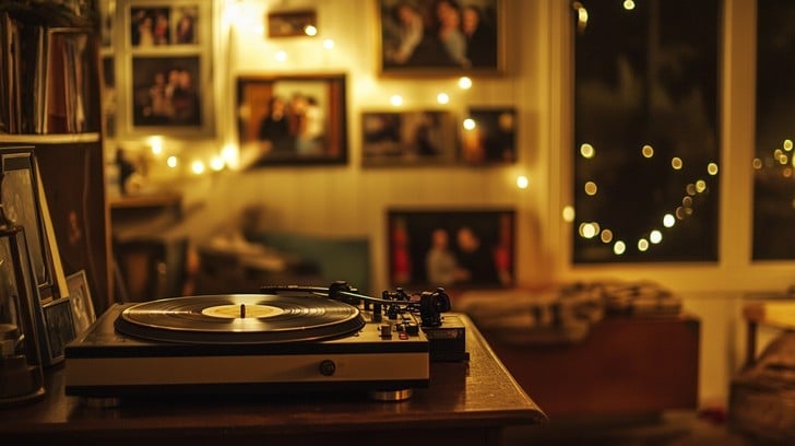 vinyl record, turntable, warm lighting, cozy room