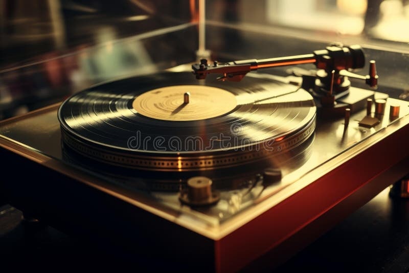 vinyl record player, warm light, classic design, retro aesthetic