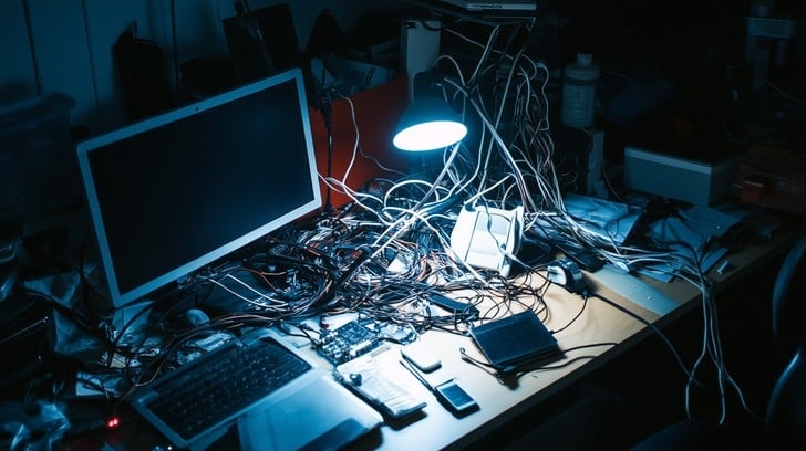 old smartphone, cluttered desk, cables, warm lighting