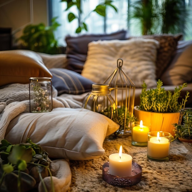 apartment, cozy, plants, candles, decoration