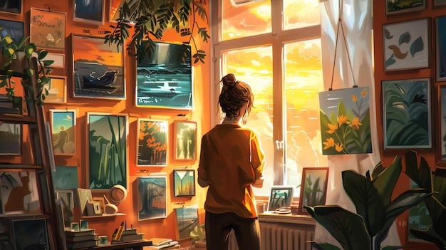 Artist in studio, painting, frustrated, looking at AI generated art on screen