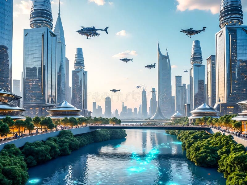 Futuristic cityscape, AI generated, blend of organic and digital elements