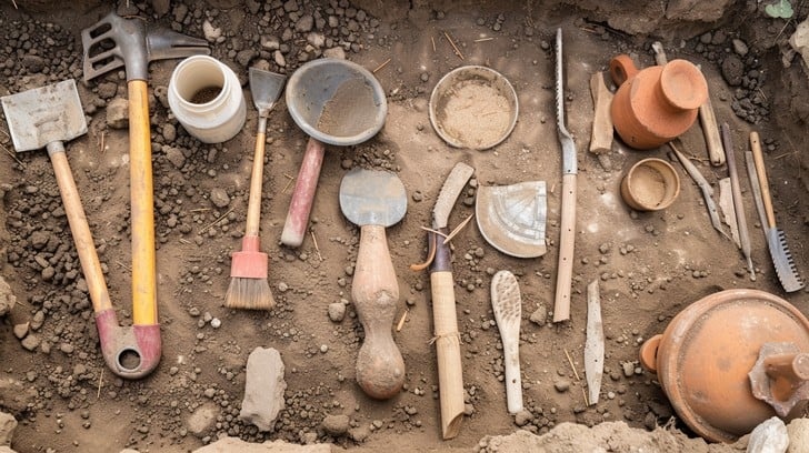 Archaeological dig site, artefacts, tools, excavation