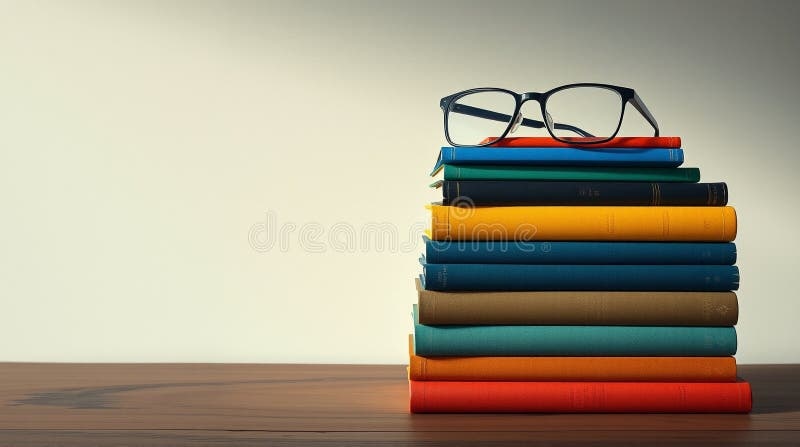 stack of books, reading glasses, warm light