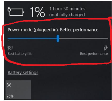 power settings windows, battery icon, performance slider