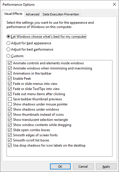 windows performance options, visual effects slider, desktop icons