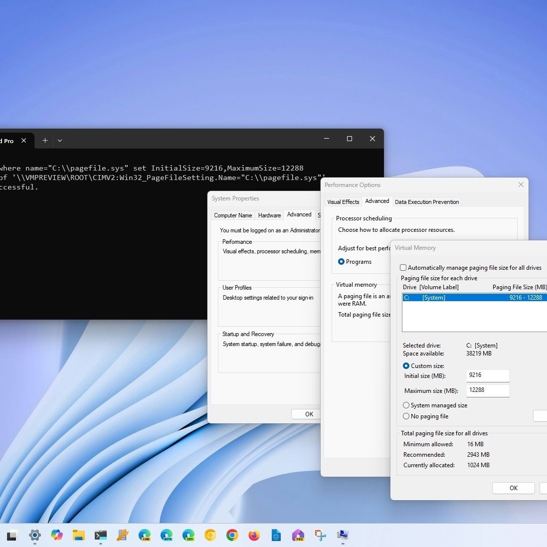 windows system settings, virtual memory, paging file size
