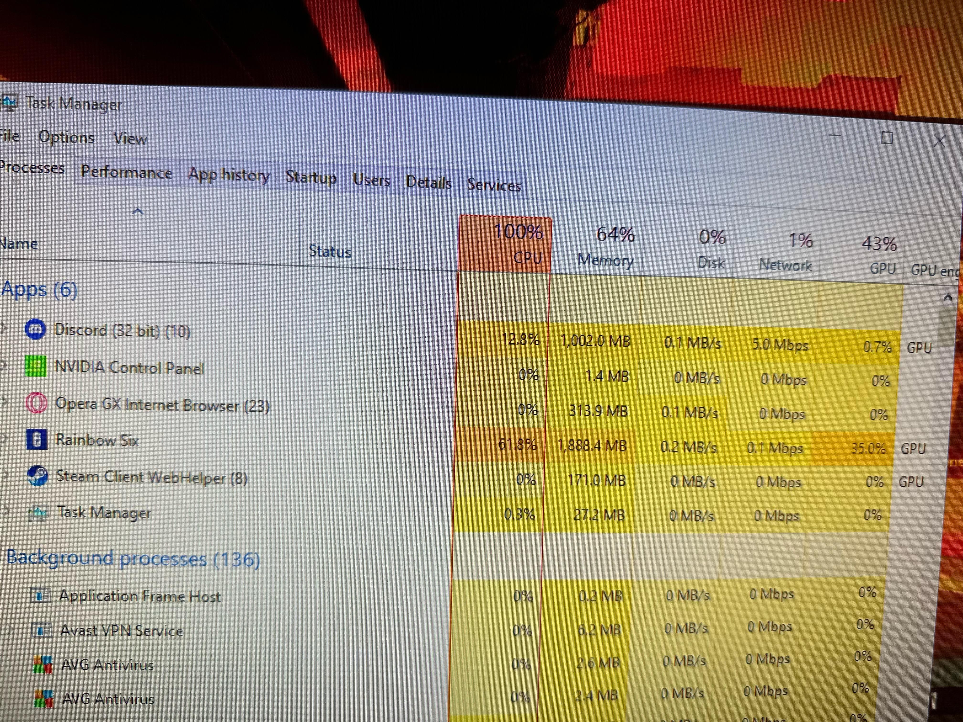 task manager, running processes, cpu usage