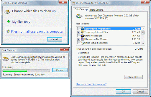 disk cleanup utility, file size, defragmentation progress