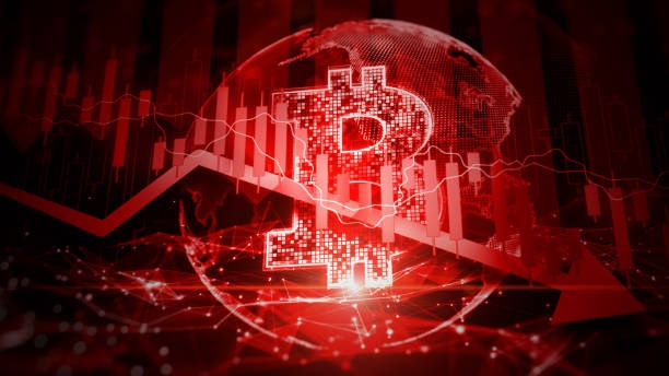 Bitcoin chart, dramatic fall, red colors, chaos