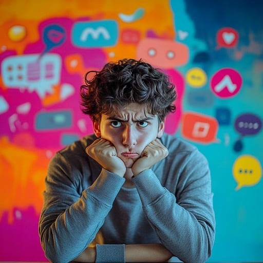 A person looking at a smartphone screen filled with social media icons, looking stressed and overwhelmed.