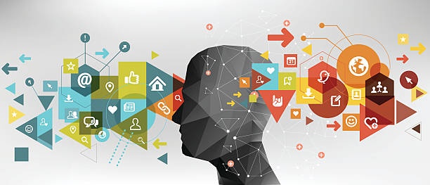 A brain silhouette composed of different news headlines and social media icons, symbolizing the complexity of information processing.