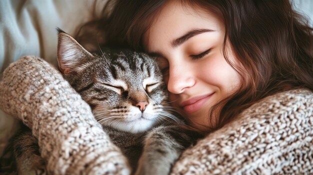 happy woman cuddling cat, allergy relief, comfortable home
