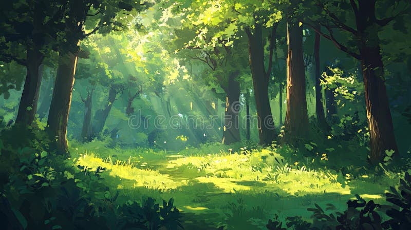 lush green forest landscape, sunlight filtering through trees