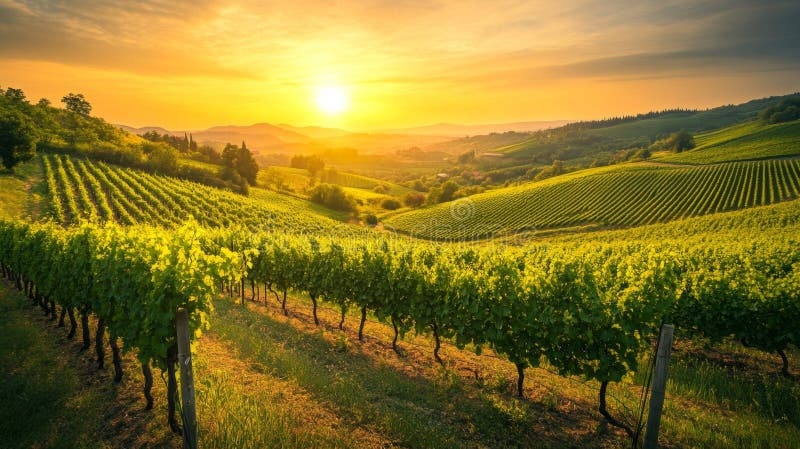 landscape, rolling hills, vineyards, tuscany, sunset