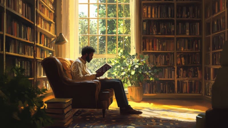 person reading a book, library, cozy, warm light