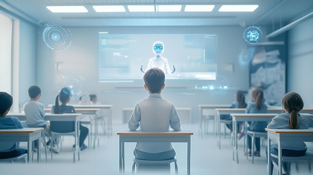 futuristic classroom, ai, holographic teacher, language learning