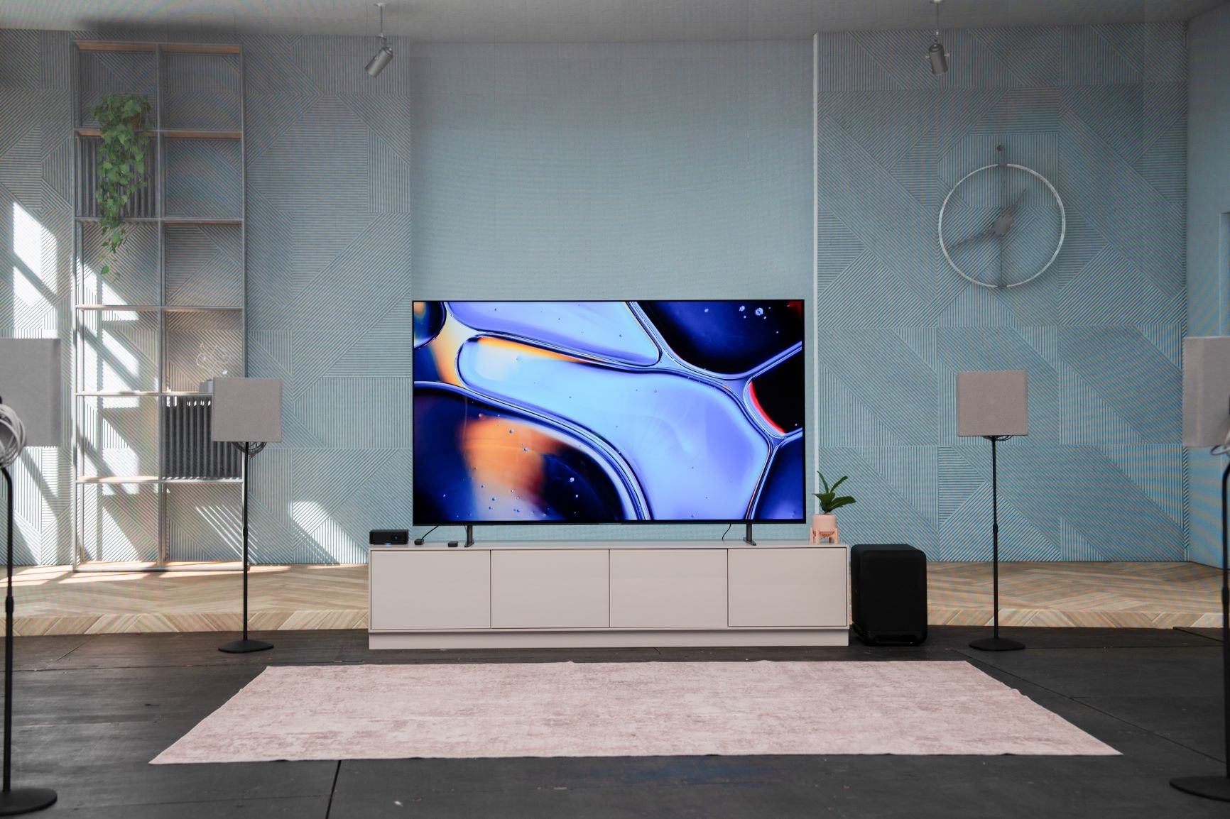 modern TV setup, living room, OLED and QLED comparison