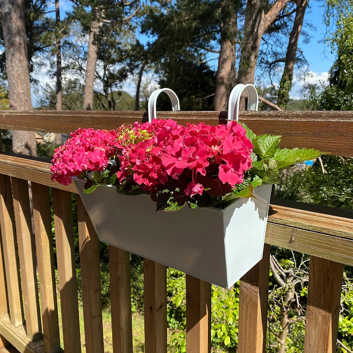 hanging planters,ceramic,balcony railing,flowers